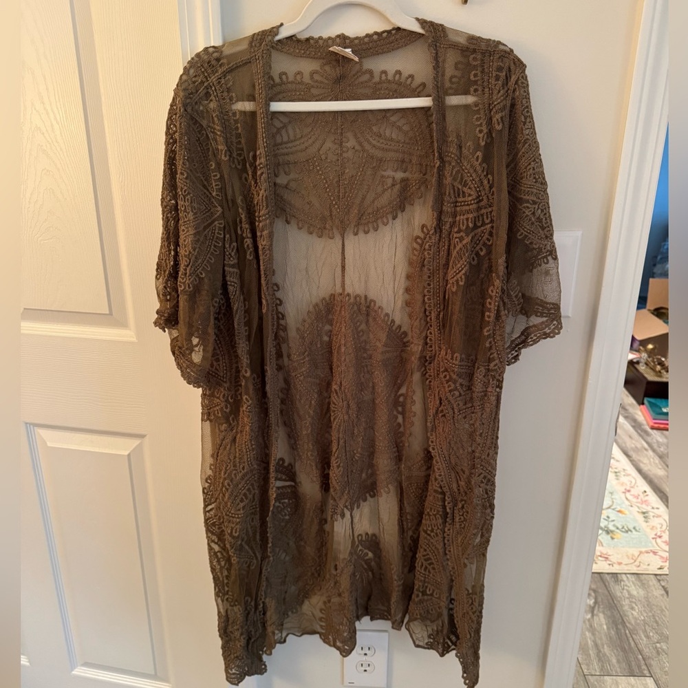 Olive green bohemian medallion mesh coverup kimono